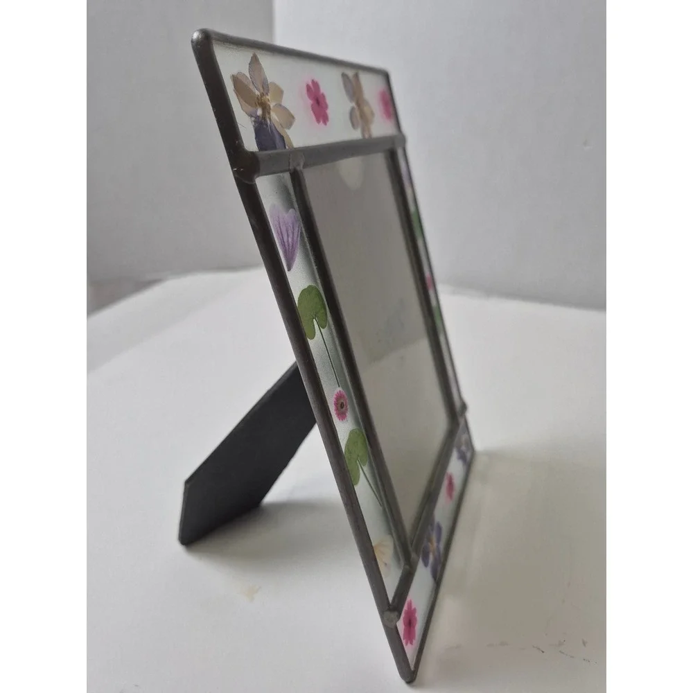 Vintage Stained Glass Pressed Flower Photo Frame 4x6 Botanical Cottagecore Decor